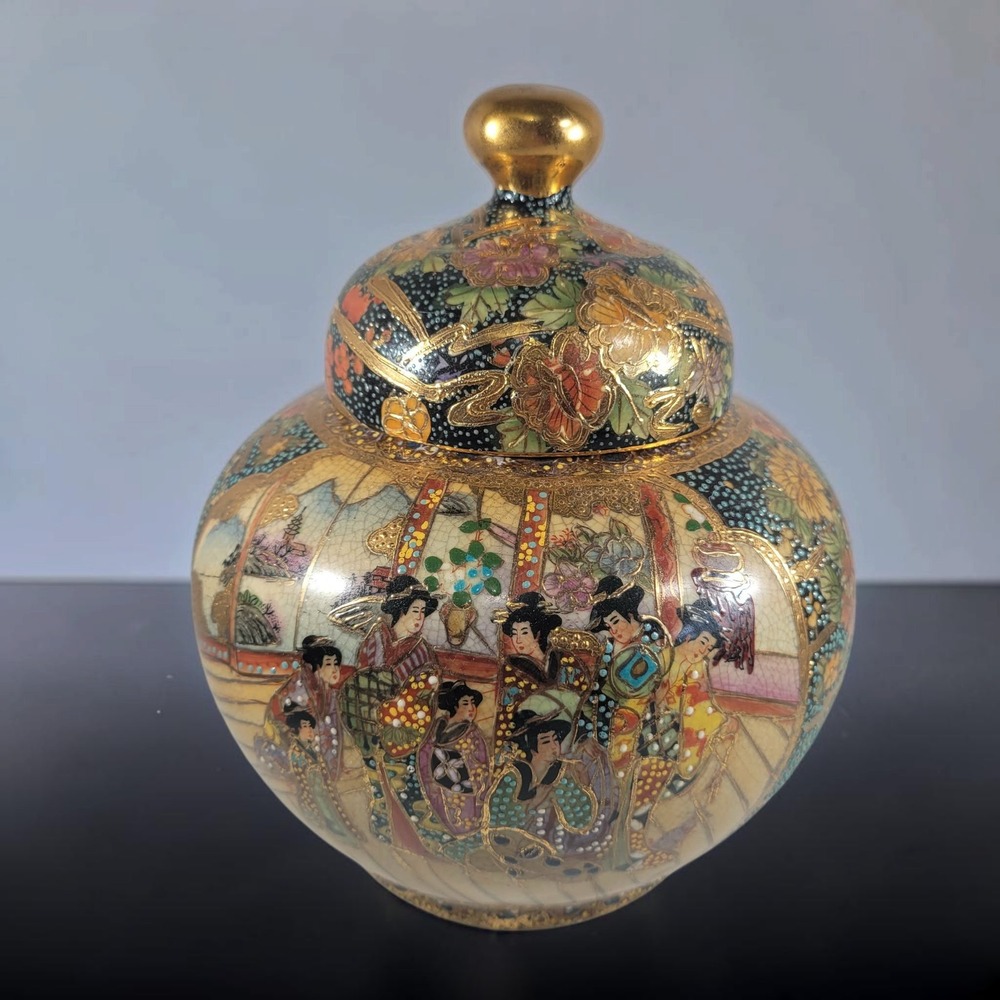 Satsuma Ginger Jar Geisha Floral Gold Moriage Crackle Glaze China Urn Vase 8"